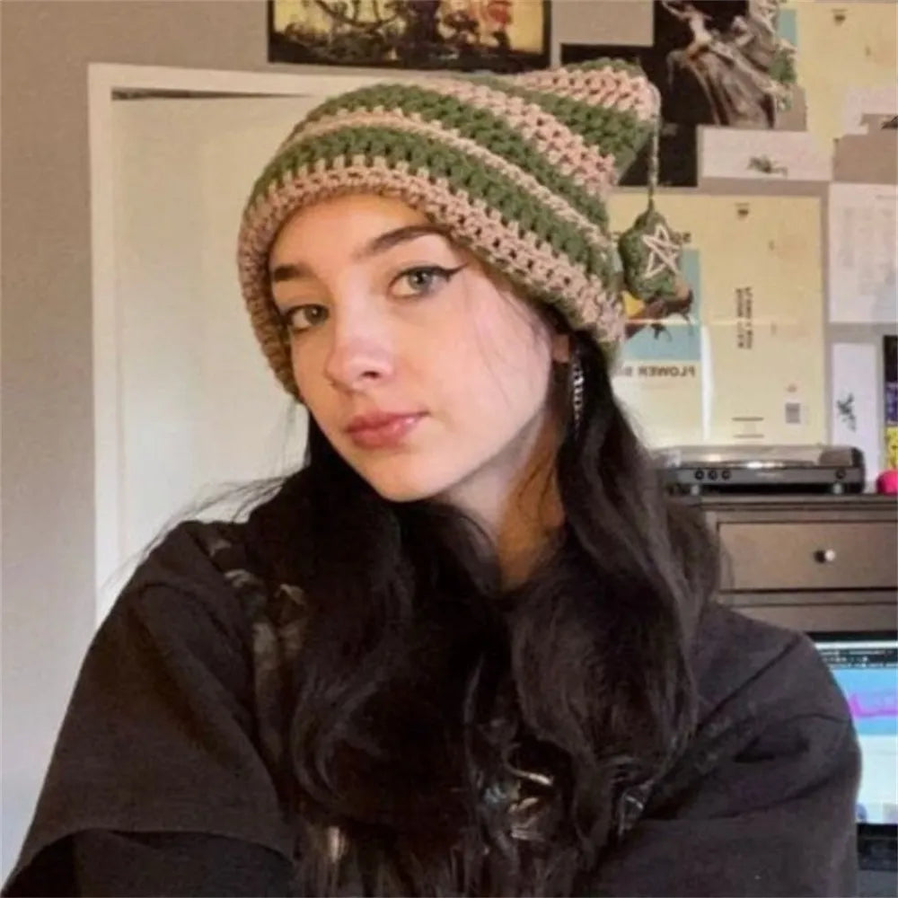 Y2K Crochet Stripe Pattern Cat Ear Hat Handmade Soft Winter Warmer Knitted Hat Cold Winter Presents for Students Teenagers