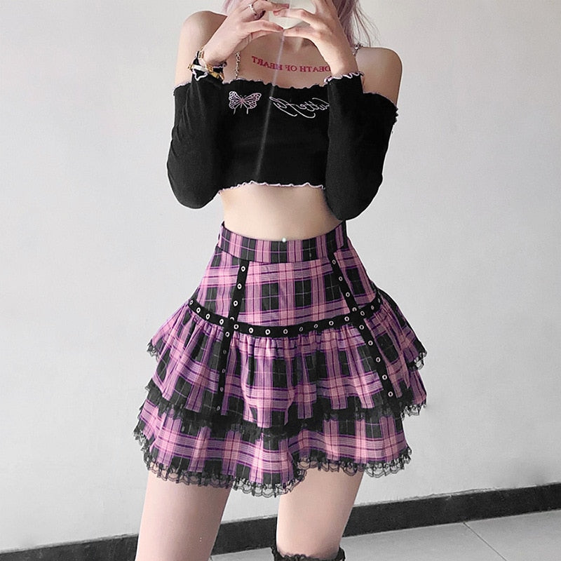Black and Pink Lace Schoolgirl Skirt - Grlfriend Club
