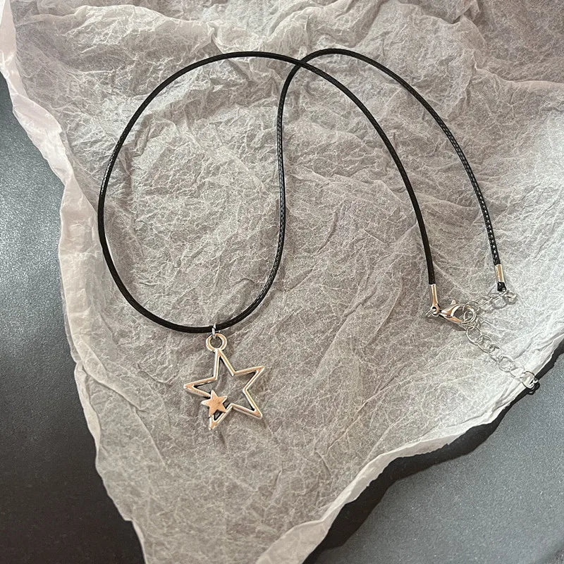 Vintage Fashion Leather rope Star Pendant Necklace For Women Men Antique Silver Color Jewelry Accessories Y2k Aesthetic