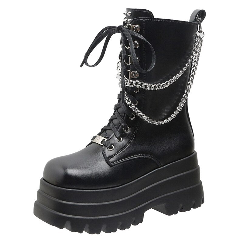 Punk Gothic Platform Ankle Metal Chain Boots - Grlfriend Club