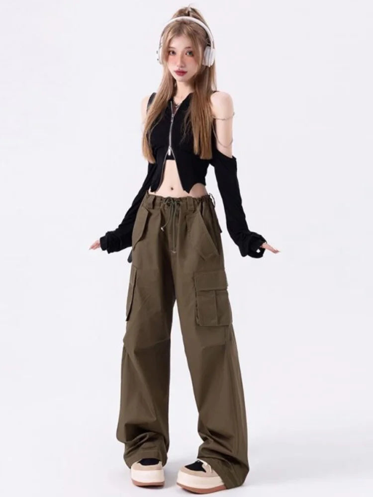 Deeptown Y2k Kpop Black Crop Tops Women Korean Fashion Streetwear Zipper T Shirts Off Shoulder Tees Aesthetic Grunge Cardigans