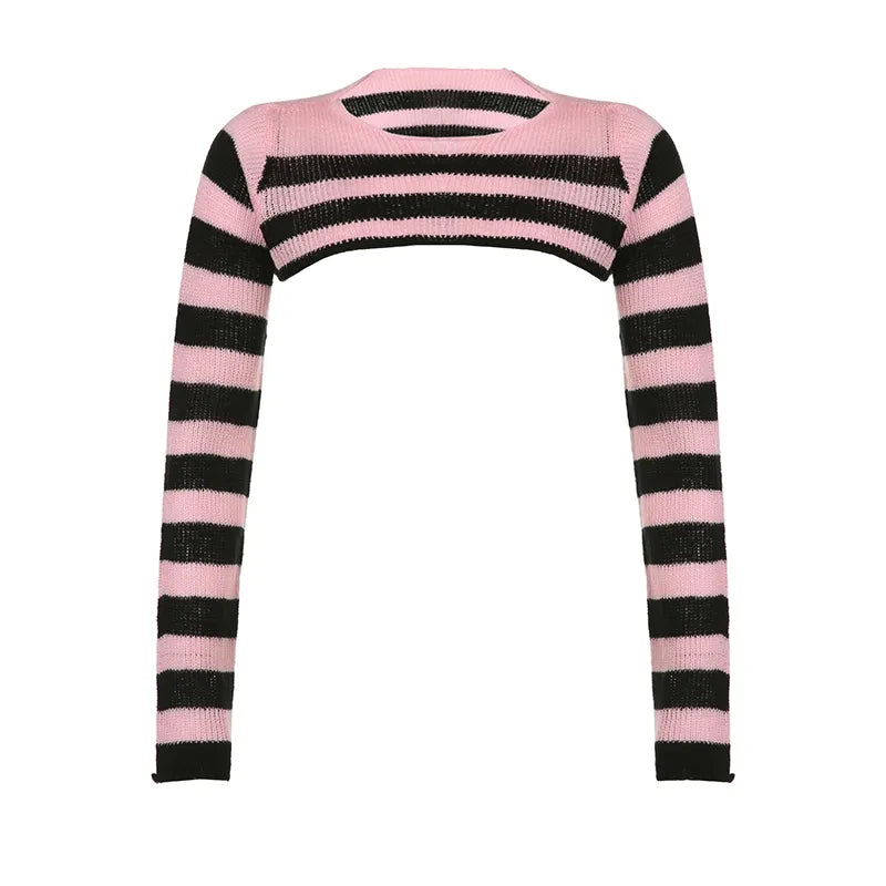 CIBBAR Vintage Y2k Cropped Sweater Smock Grunge 2000s Loose Full Sleeve Pink Striped Print Jumpers for Women Autumn Casual Chic