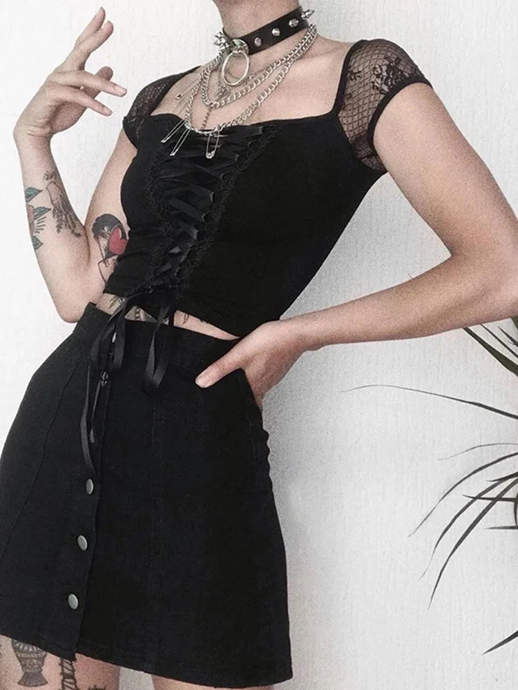 Vintage Tops Goth T-shirt Women Bodycon Bandage Lace Black T-shirts Gothic Streetwear Sexy Female Top Casual Mesh Tee