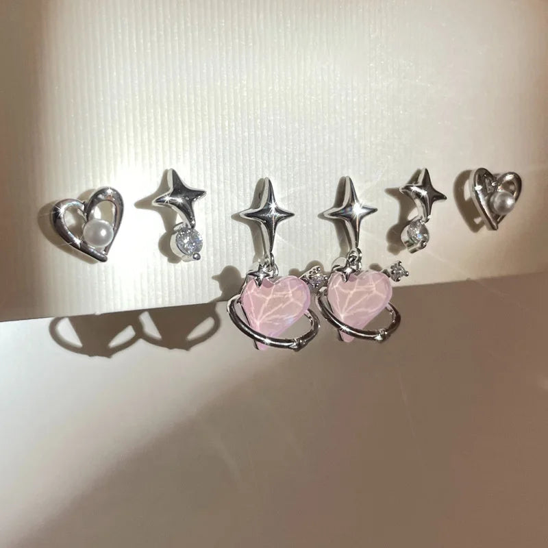 6pcs/set Women Silver Color Y2K Pink Crystal Heart Stud Earring Korean Trendy Punk Sweet Cool Bow Star Earring Aesthetic Jewelry