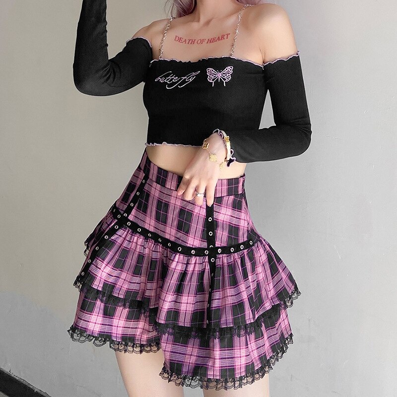 Black and Pink Lace Schoolgirl Skirt - Grlfriend Club