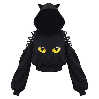 Cropped Cold Shoulder Cat Hoodie - Grlfriend Club