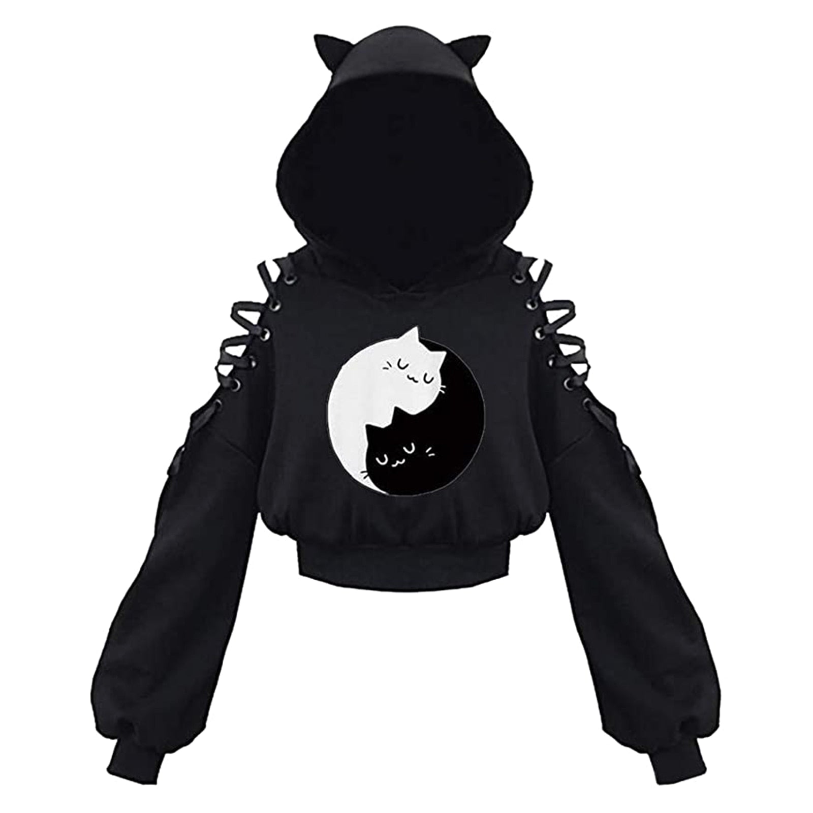 Cropped Cold Shoulder Cat Hoodie - Grlfriend Club