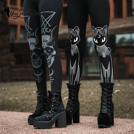 [You're My Secret] 2023 HOT Gothic Leggings For Women Ouija Workout Pants Dark Grunge Black Cat Skull Leggins Devil Satan Legins
