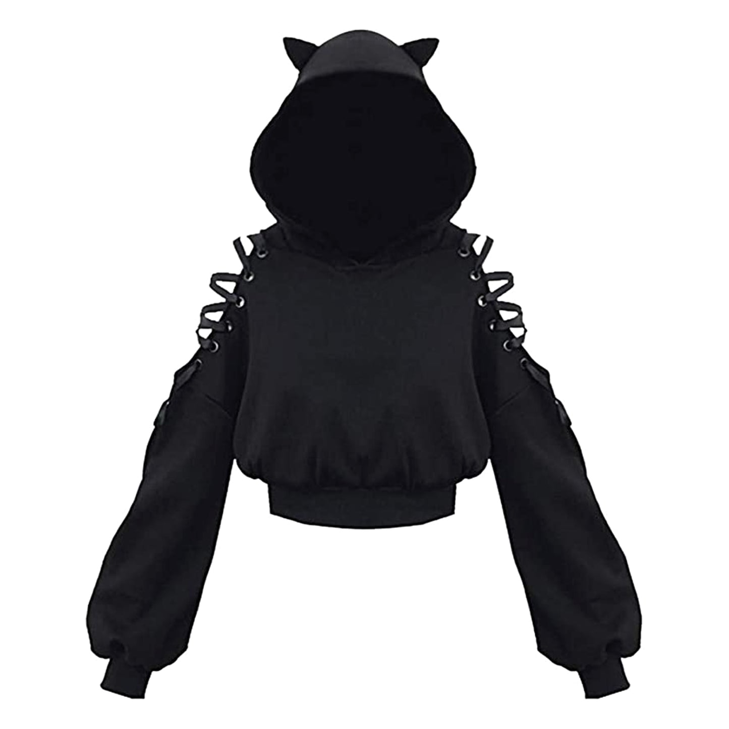 Cropped Cold Shoulder Cat Hoodie - Grlfriend Club