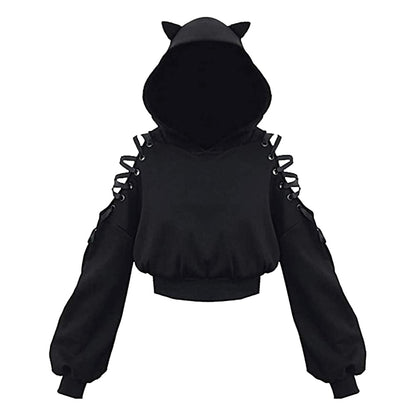 Cropped Cold Shoulder Cat Hoodie - Grlfriend Club