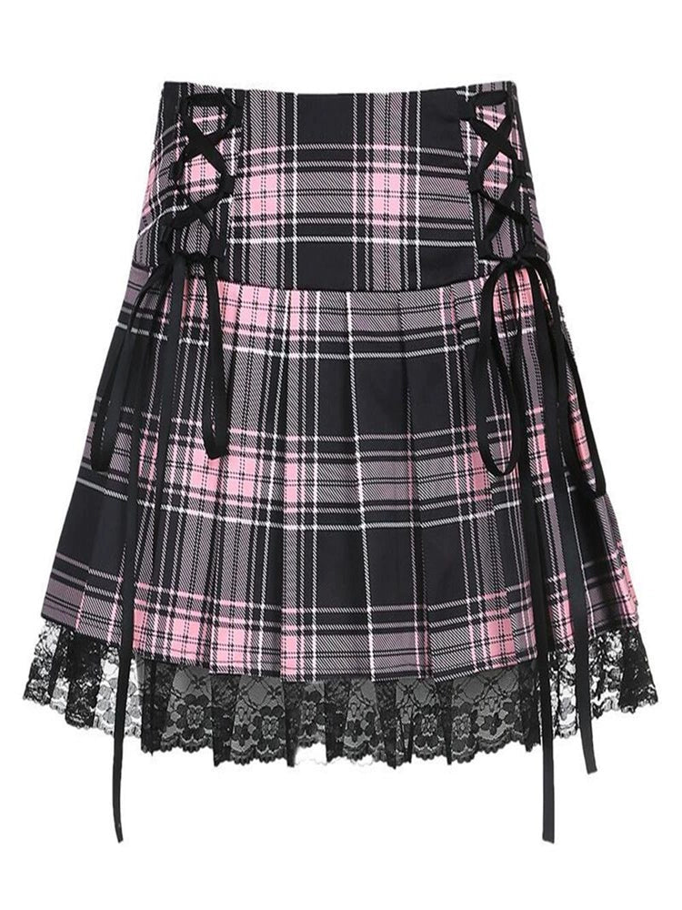 Harajuku Ins Gothic Punk Pleated Skirt with Lace Trim