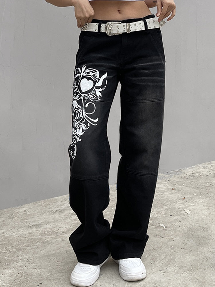 Stenciled Baggy Y2K Jeans - Grlfriend Club