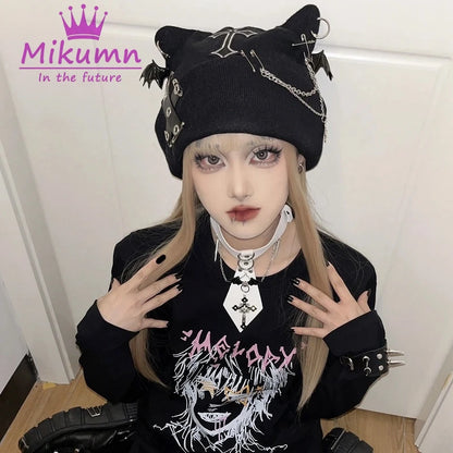 Mikumn Gothic Grunge Cat Ear Bat Wing Black Beanie Hat Harajuku Punk Cross Chain Knitted Hat Women Winter Warm Chic Streetwear