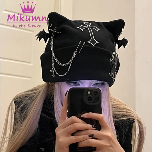 Mikumn Gothic Grunge Cat Ear Bat Wing Black Beanie Hat Harajuku Punk Cross Chain Knitted Hat Women Winter Warm Chic Streetwear