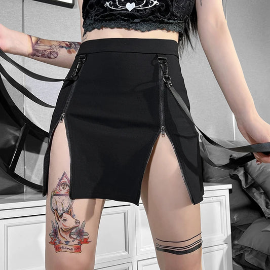 Goth Dark Mall Gothic Zip Split Sexy Women Mini Skirts Grunge Strap Black High Waist Pencil Skirt Punk E-girl Alt Party Clubwear