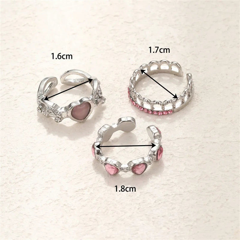 3pcs Fashion Love Heart Open Rings Set for Women Gothic Sweet Girls Geometric Finger Rings Y2K Party Jewelry Accessories