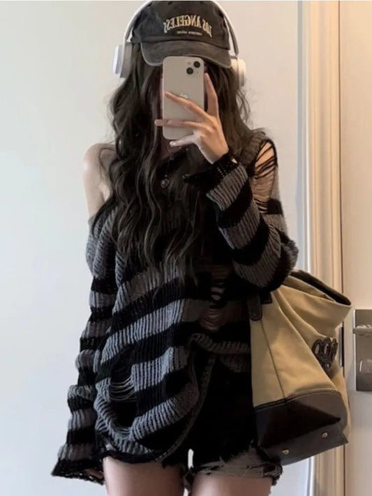 Deeptown Gothic Streetwear Striped Knitted Sweater Women Harajuku Punk Hollow Out Jumper Hole Loose All-match Tops Grunge E-girl