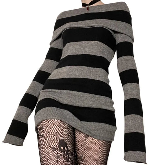 Y2K Striped Sweater Mini Dress Mall Goth Grunge Emo Bodycon Chic Women Off Shoulder Full Sleeve Slim Fit Dresses 00s Vintage