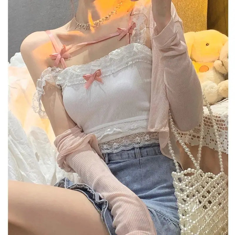 Y2k Summer New Solid Sling Tops Cute Girl Kawaii Lace Bow Inside A Sling Vest 90s Aesthetics Crop Top Women