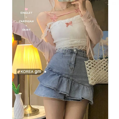 Y2k Summer New Solid Sling Tops Cute Girl Kawaii Lace Bow Inside A Sling Vest 90s Aesthetics Crop Top Women