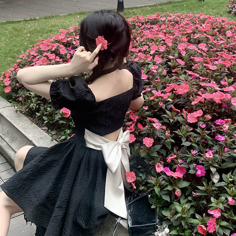 Backless Black Dress with Bow - Grlfriend Club