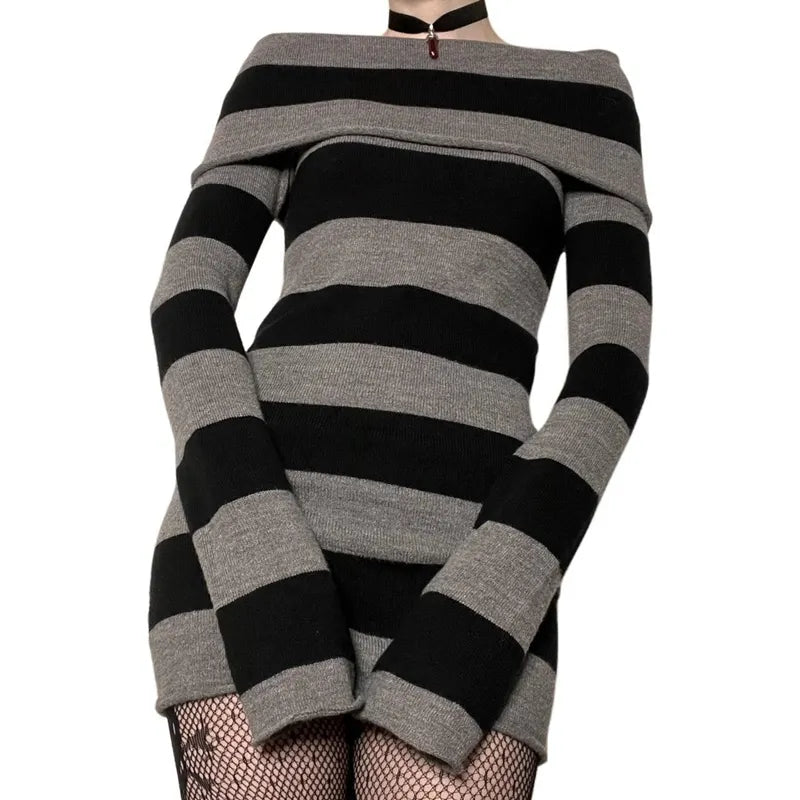 Y2K Striped Sweater Mini Dress Mall Goth Grunge Emo Bodycon Chic Women Off Shoulder Full Sleeve Slim Fit Dresses 00s Vintage