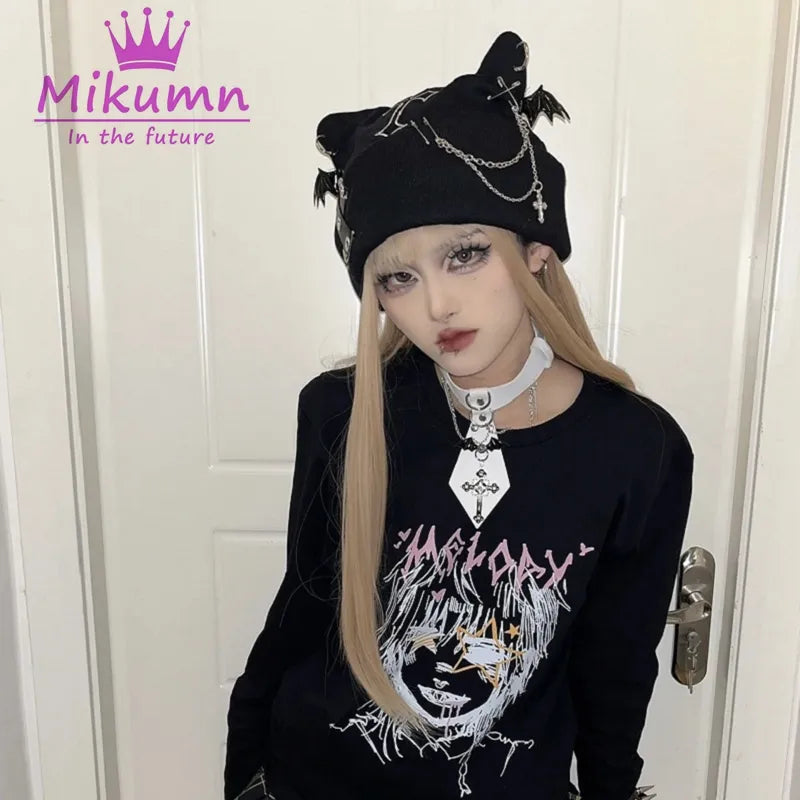 Mikumn Gothic Grunge Cat Ear Bat Wing Black Beanie Hat Harajuku Punk Cross Chain Knitted Hat Women Winter Warm Chic Streetwear