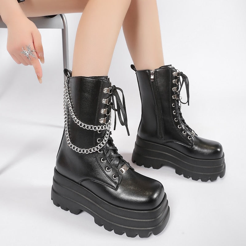 Punk Gothic Platform Ankle Metal Chain Boots - Grlfriend Club