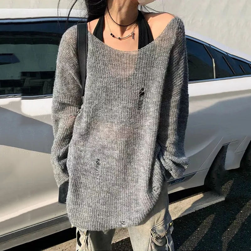 Ripped Grey Sweater - Grlfriend Club