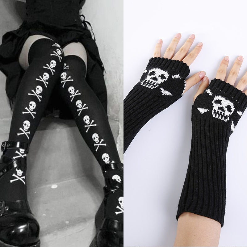 Skull Print Knee Highs and Gloves Sets - Grlfriend Club