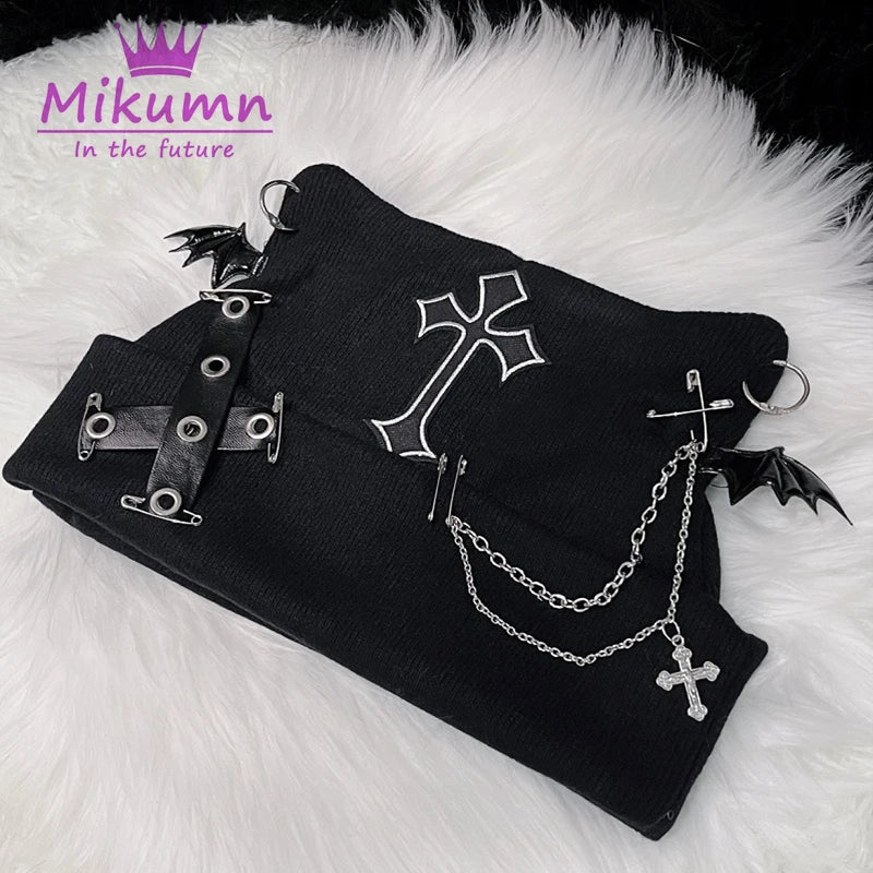 Mikumn Gothic Grunge Cat Ear Bat Wing Black Beanie Hat Harajuku Punk Cross Chain Knitted Hat Women Winter Warm Chic Streetwear