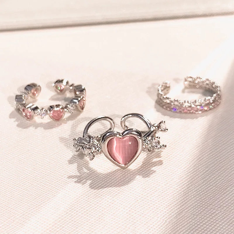 3pcs Fashion Love Heart Open Rings Set for Women Gothic Sweet Girls Geometric Finger Rings Y2K Party Jewelry Accessories