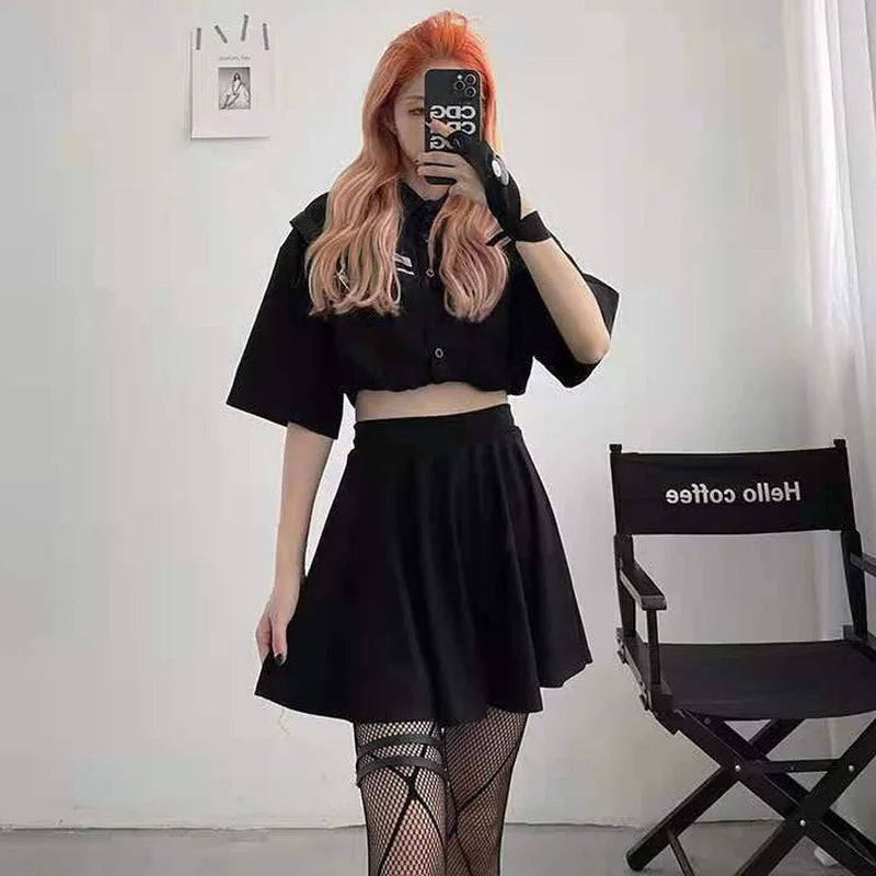 Black Mini Skirt Gothic Women Fairy Grunge High Waist Loose A-line Skirt Shorts Goth Egirl Summer Harajuku Streetwear