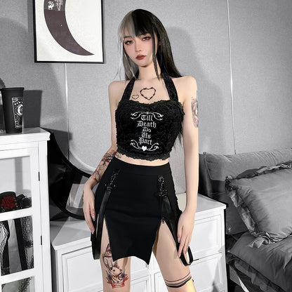 Goth Dark Mall Gothic Zip Split Sexy Women Mini Skirts Grunge Strap Black High Waist Pencil Skirt Punk E-girl Alt Party Clubwear