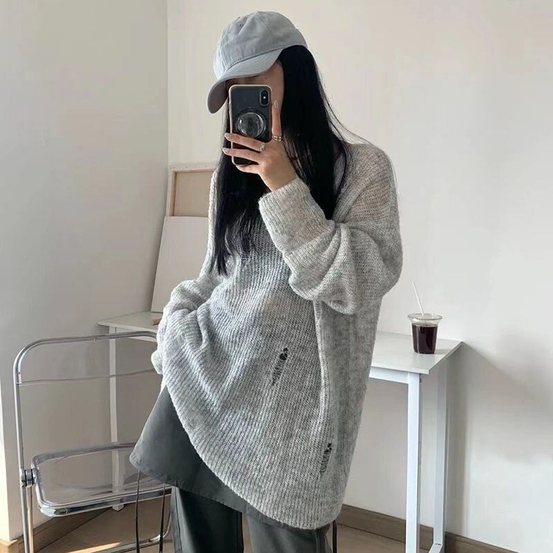 Ripped Grey Sweater - Grlfriend Club