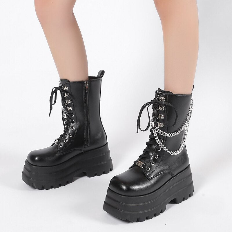 Punk Gothic Platform Ankle Metal Chain Boots - Grlfriend Club