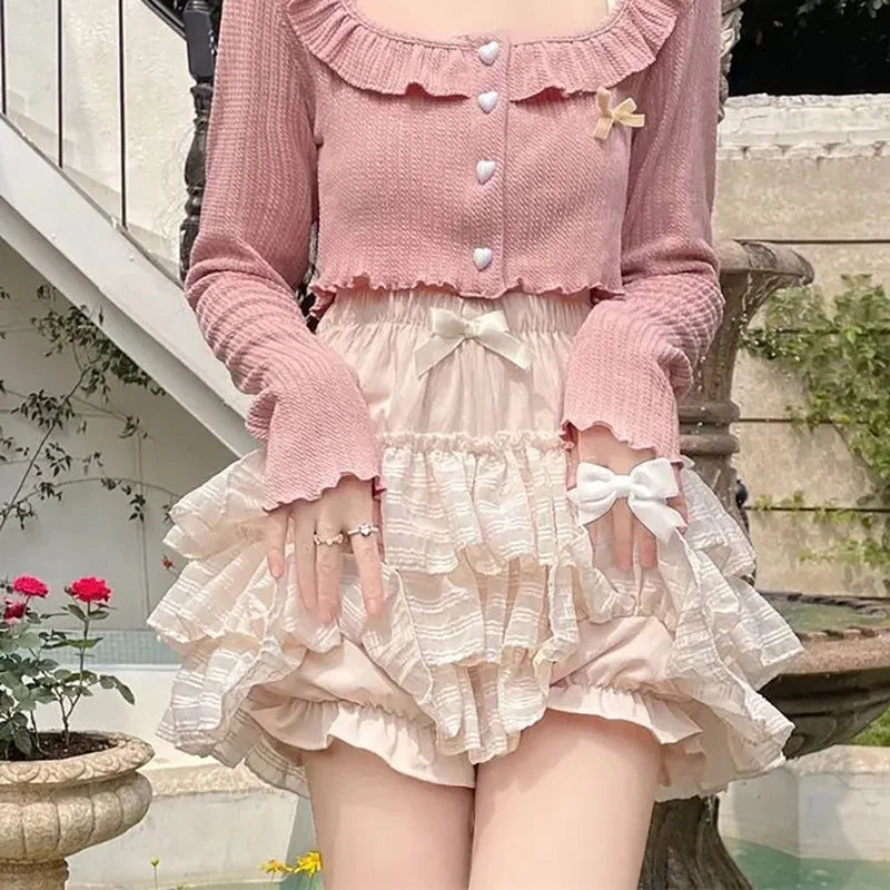 HOUZHOU Kawaii Cute Ruffle Skirt Women Pink Lolita High Waist Lace Patchwork Fairycore Mesh A-line Mini Skirt Summer Mori Girl