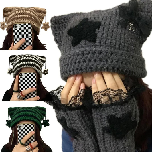 Y2K Crochet Stripe Pattern Cat Ear Hat Handmade Soft Winter Warmer Knitted Hat Cold Winter Presents for Students Teenagers