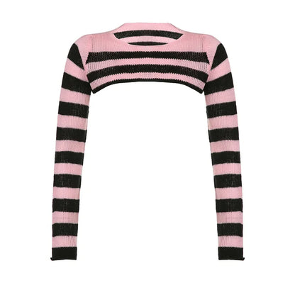 CIBBAR Vintage Y2k Cropped Sweater Smock Grunge 2000s Loose Full Sleeve Pink Striped Print Jumpers for Women Autumn Casual Chic