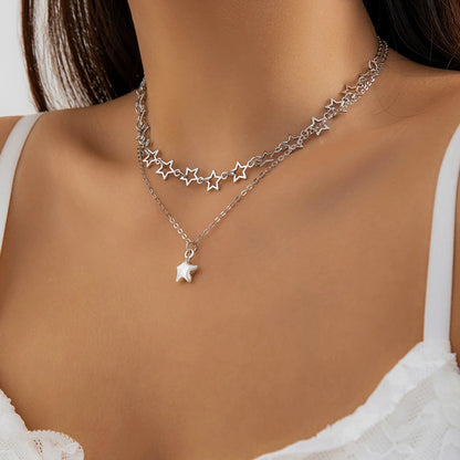 IngeSight.Z 2pcs/set Punk Hollow Star Pendant Necklace for Women Simple Silver Color Metal Link Chain Choker Necklace Set