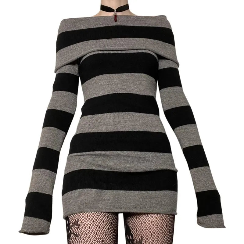 Y2K Striped Sweater Mini Dress Mall Goth Grunge Emo Bodycon Chic Women Off Shoulder Full Sleeve Slim Fit Dresses 00s Vintage