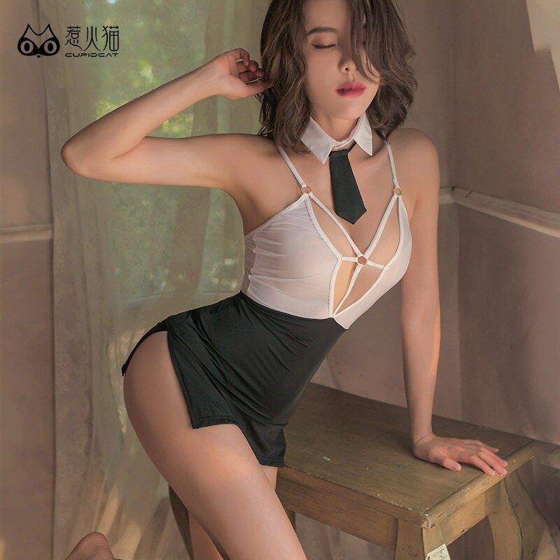 Japanese Erotic Bar Miss Secretary Uniform See-Through Bandage Open Chest Nightwear Dress Sexy Lingerie Office Lady Porno Party - Grlfriend Club