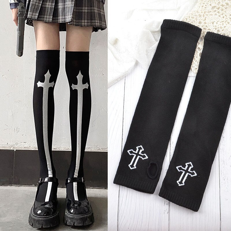 Skull Print Knee Highs and Gloves Sets - Grlfriend Club