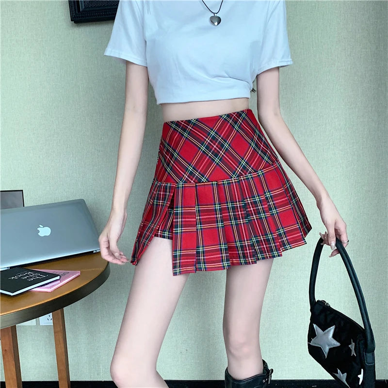 Gidyq Summer Women Plaid Skirt Fashion Streetwear Sexy Split Mini Skirts Korean High Waist Female Casual Pleated Skirts New