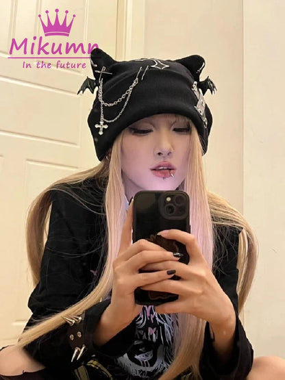 Mikumn Gothic Grunge Cat Ear Bat Wing Black Beanie Hat Harajuku Punk Cross Chain Knitted Hat Women Winter Warm Chic Streetwear