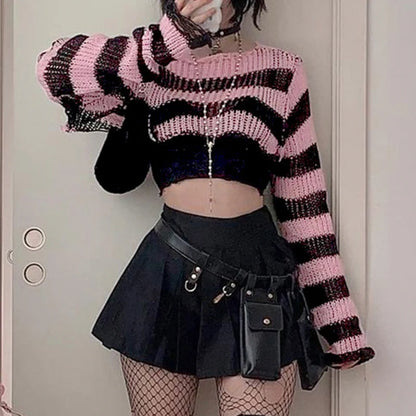 CIBBAR Vintage Y2k Cropped Sweater Smock Grunge 2000s Loose Full Sleeve Pink Striped Print Jumpers for Women Autumn Casual Chic