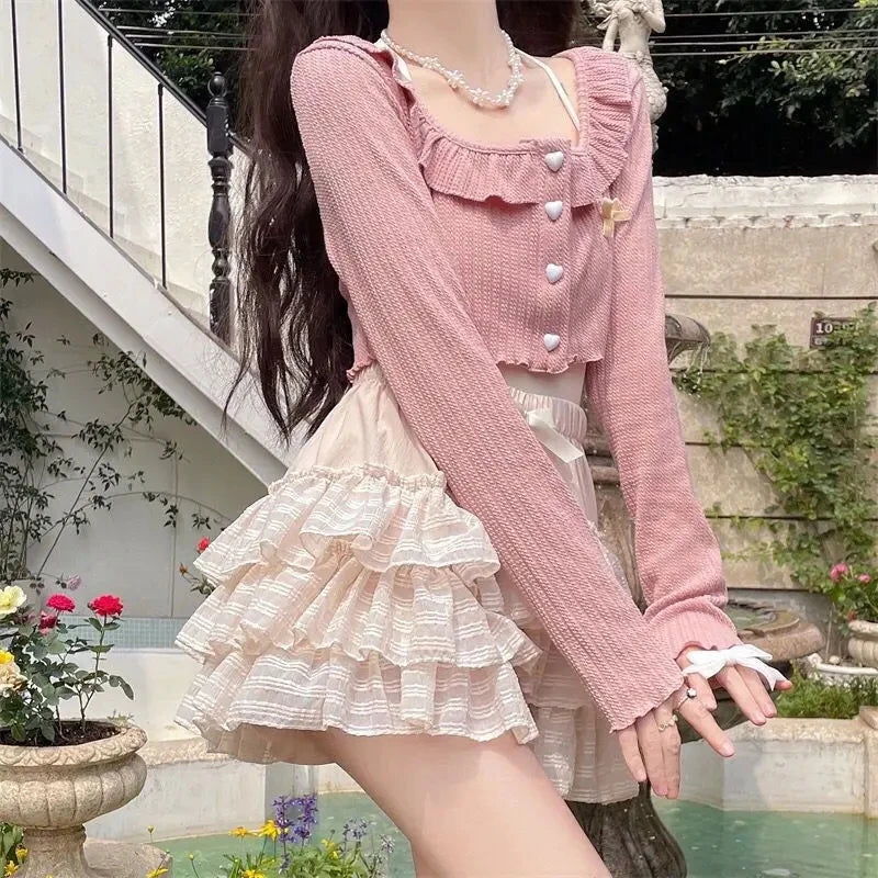 HOUZHOU Kawaii Cute Ruffle Skirt Women Pink Lolita High Waist Lace Patchwork Fairycore Mesh A-line Mini Skirt Summer Mori Girl