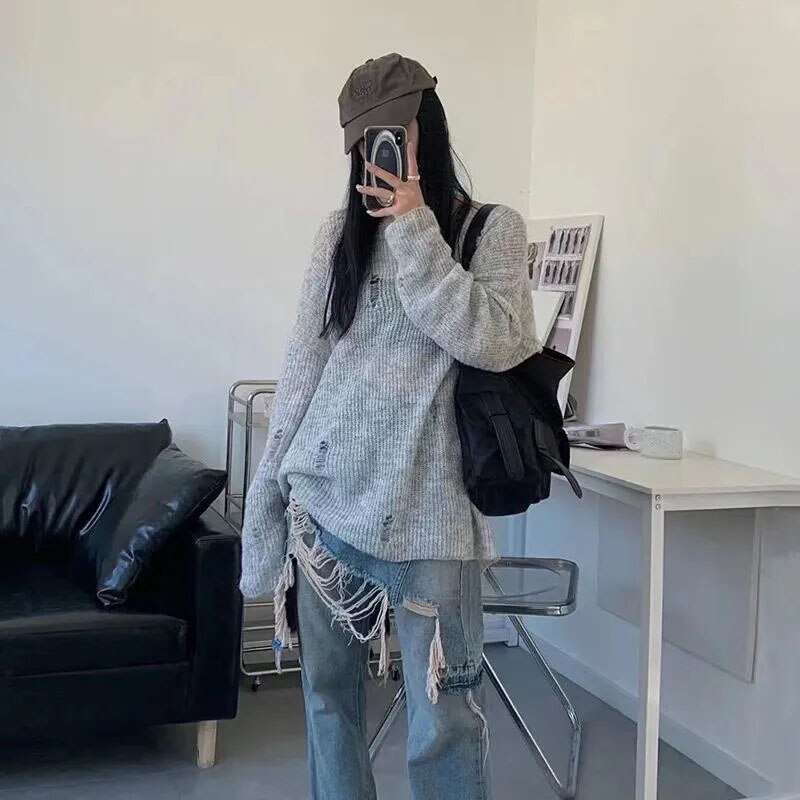 Ripped Grey Sweater - Grlfriend Club