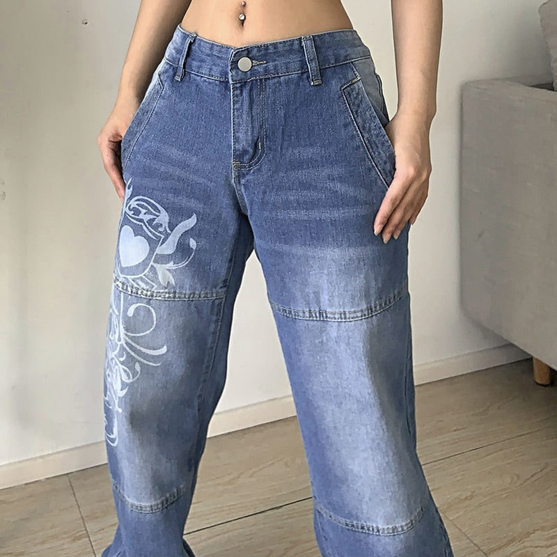 Stenciled Baggy Y2K Jeans - Grlfriend Club