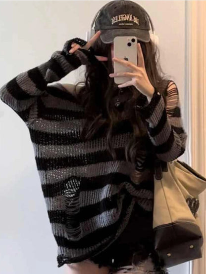 Deeptown Gothic Streetwear Striped Knitted Sweater Women Harajuku Punk Hollow Out Jumper Hole Loose All-match Tops Grunge E-girl